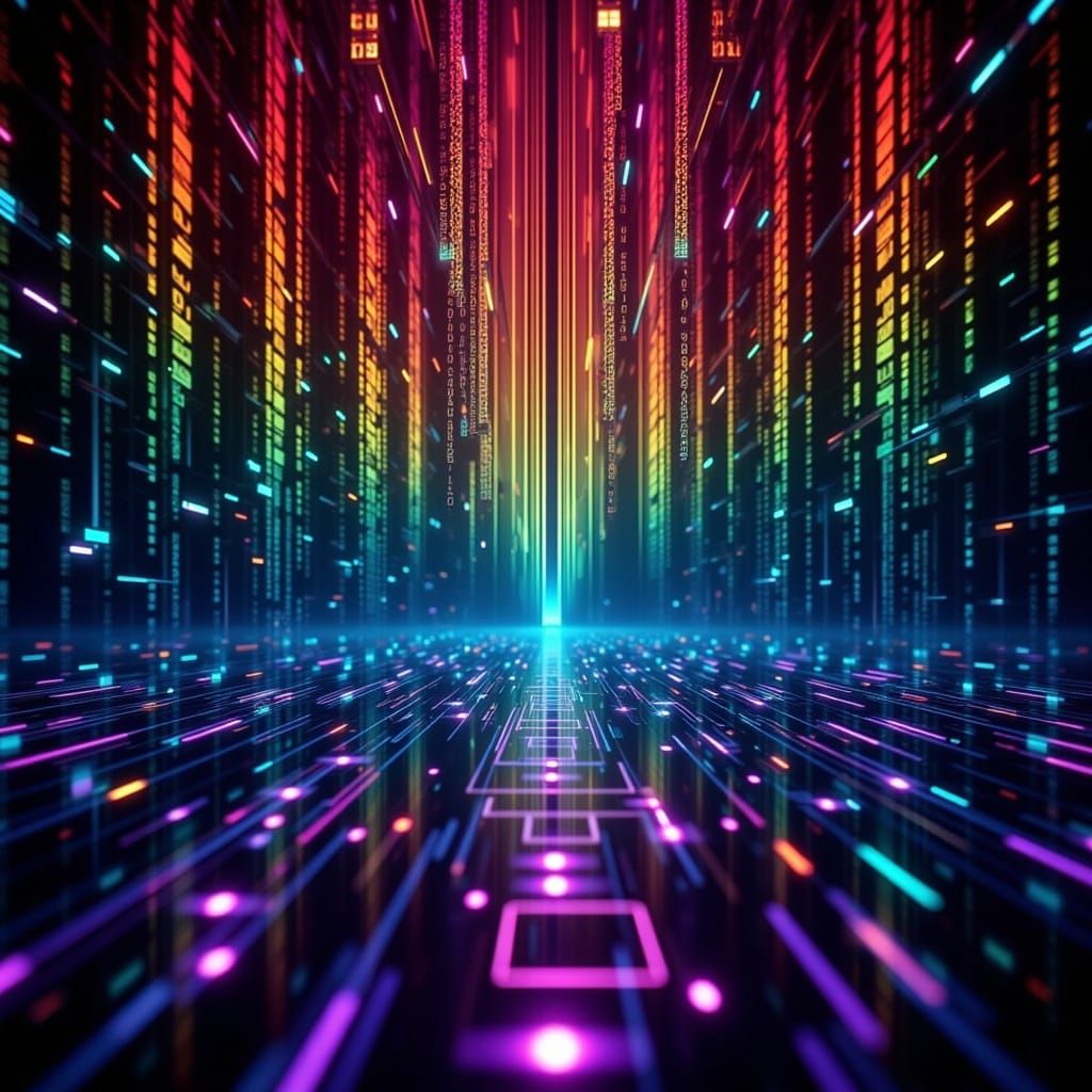 Vibrant Rainbow Binary Code Stream in Futuristic Digital Art...