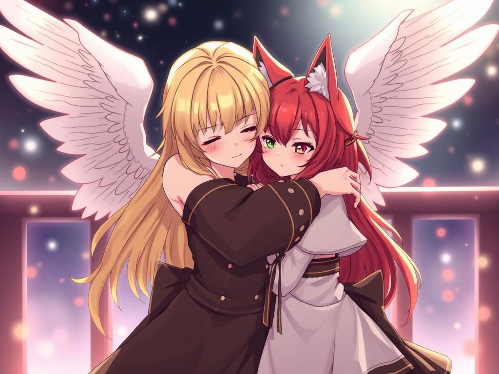 Angel Hugs Neko Girl: Heartwarming Image