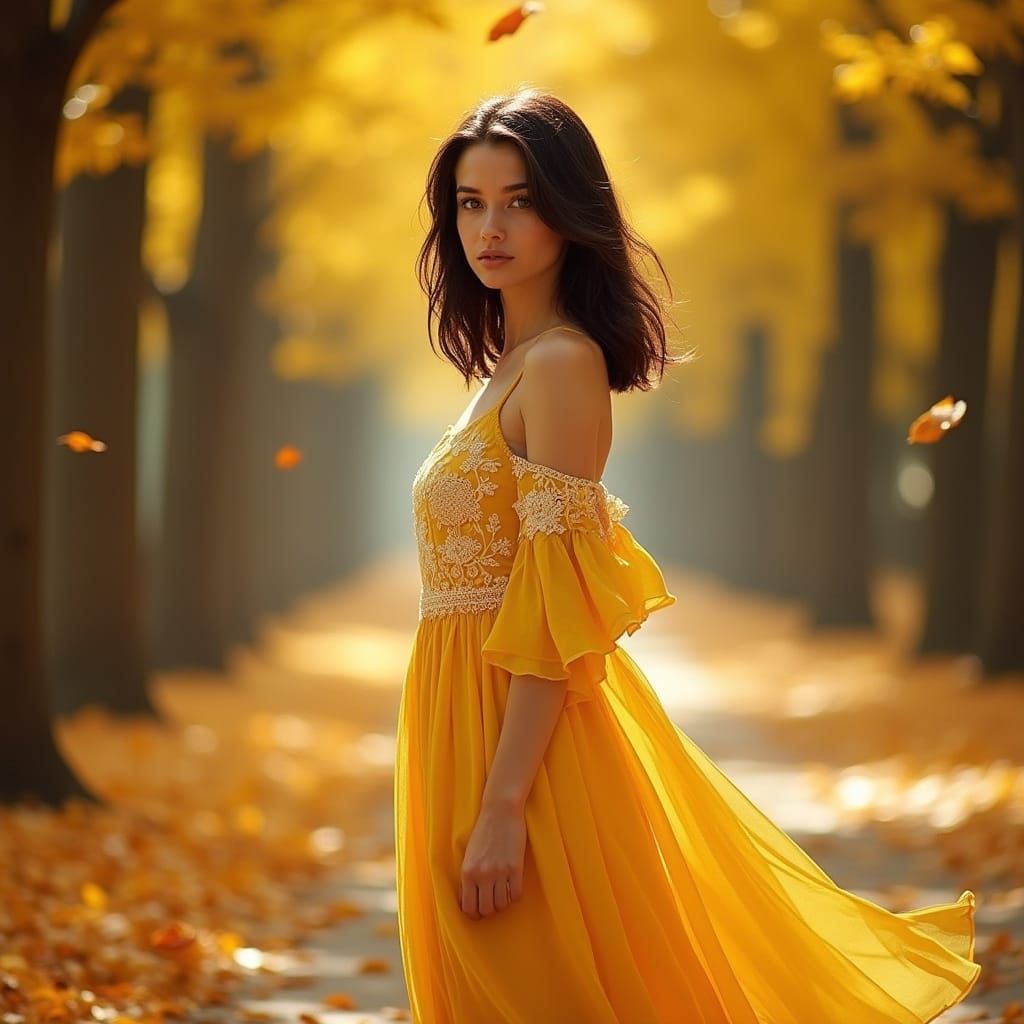 Serene Autumn Goddess in Yellow Dress with Billowing Skirt