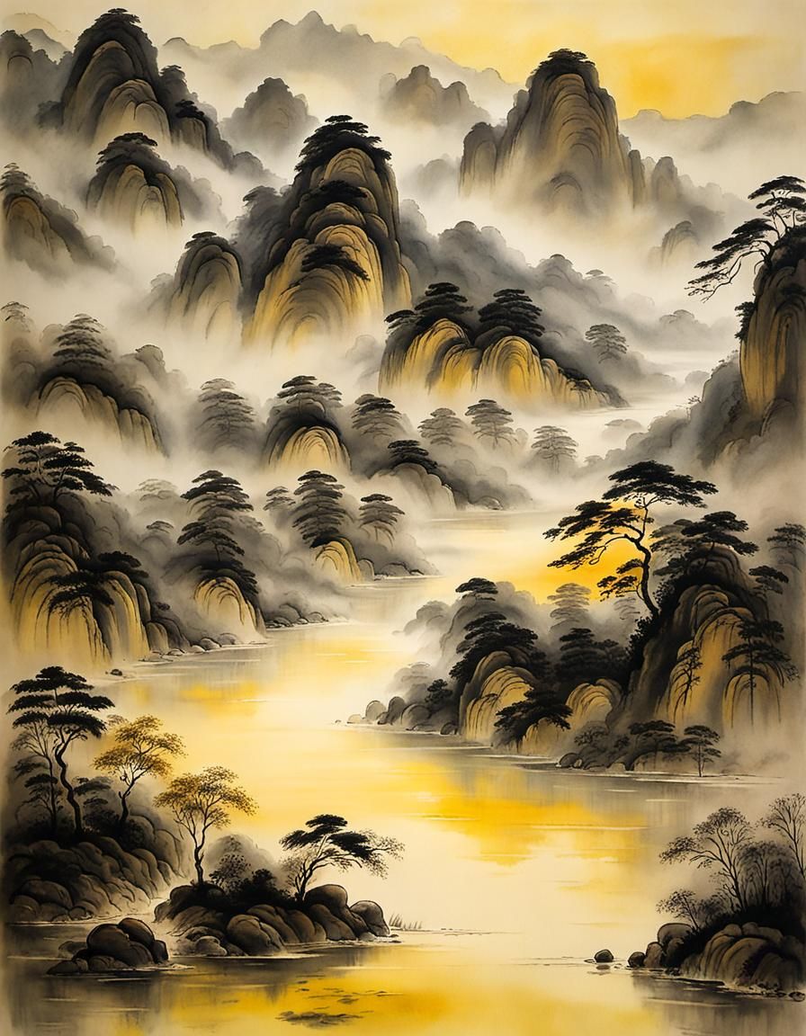 Misty River Landscape in Chinese Ink Wash Style