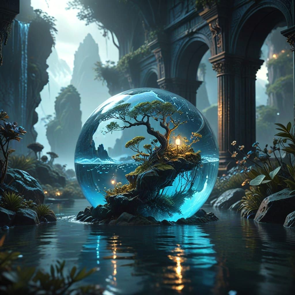 A beautifully crafted glass orb, filled with water that emit...