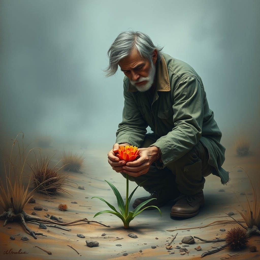 Weathered Man Amidst a Desolate Landscape