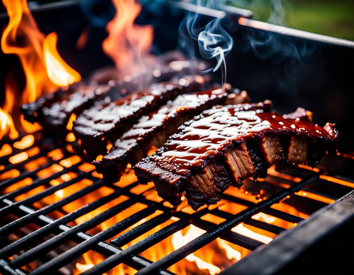 Smoked Ribs on Grill with Fire and Smoke