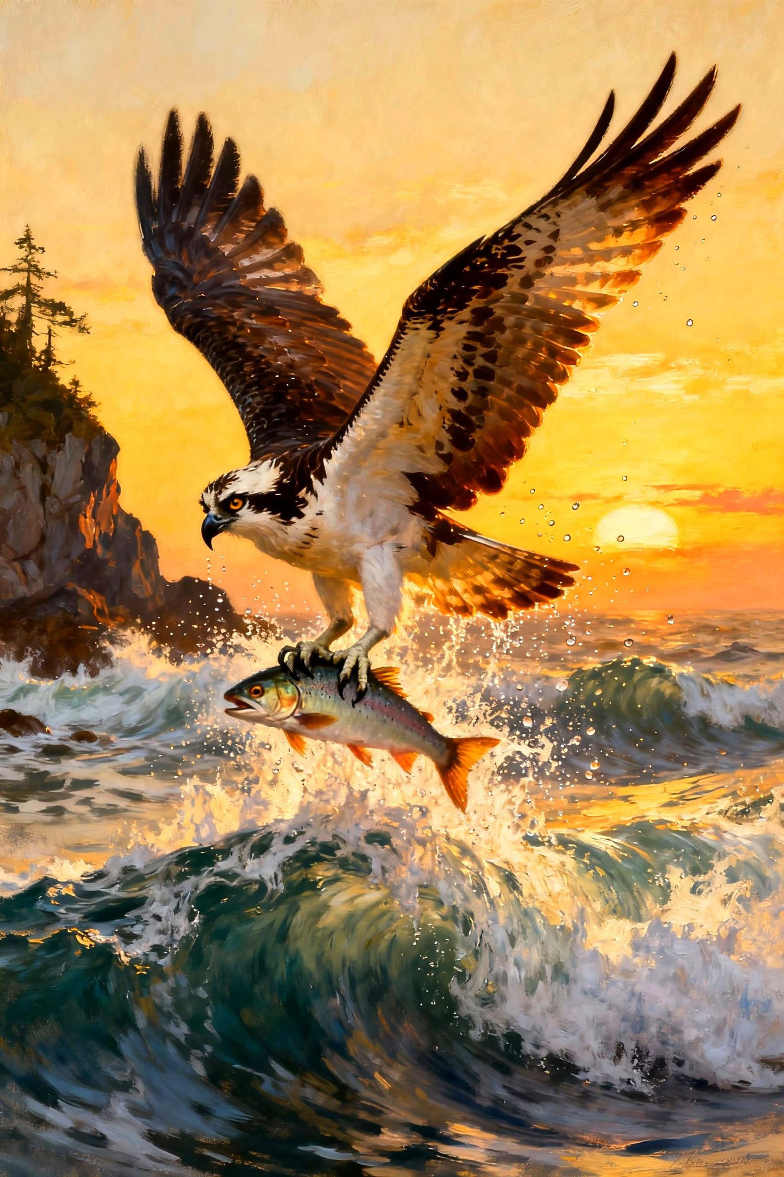 Osprey Catches Salmon in Sunset Splash