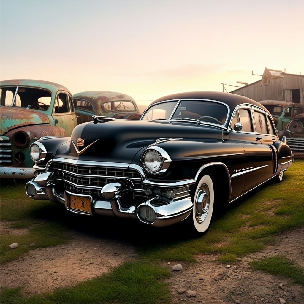 Vintage Cartoon Cadillac Hearse in a Dreamy Junkyard Scene