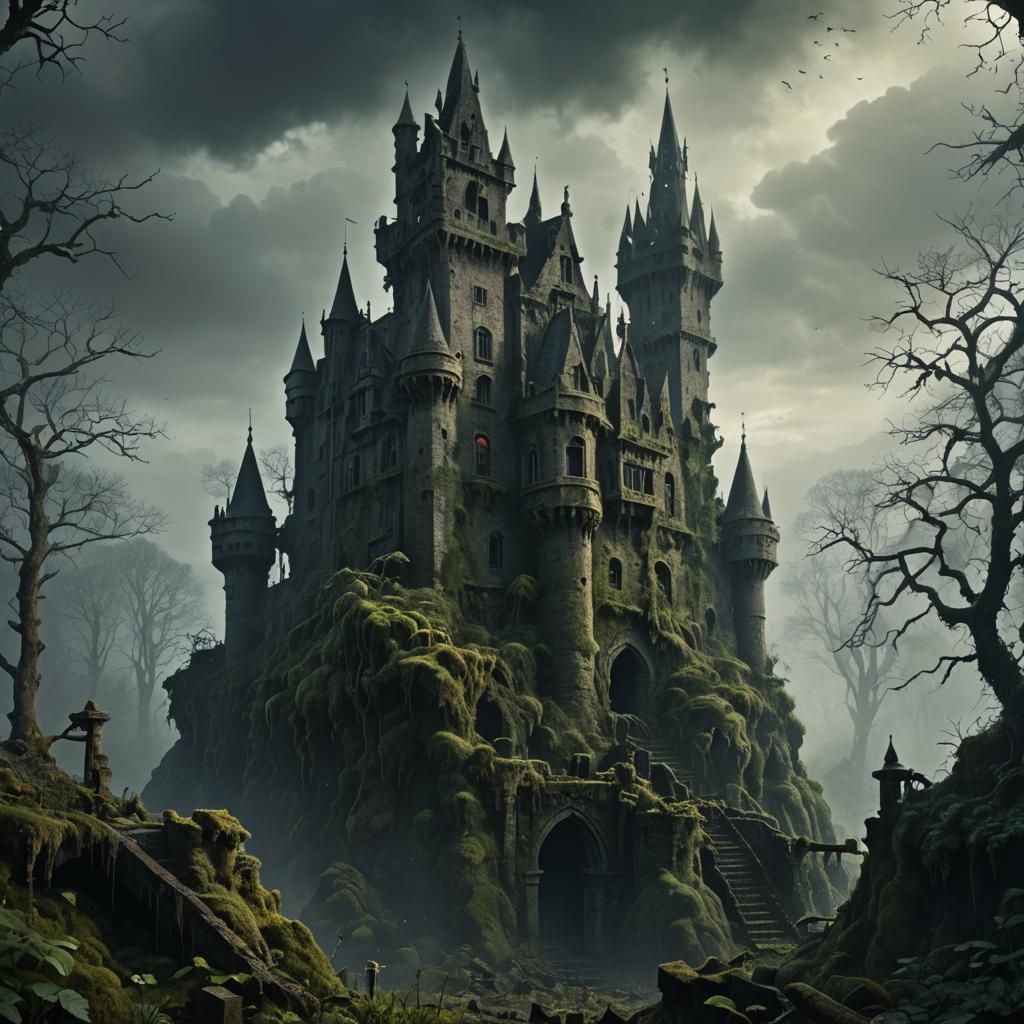 Mystical Crumbling Castle in Misty Forest