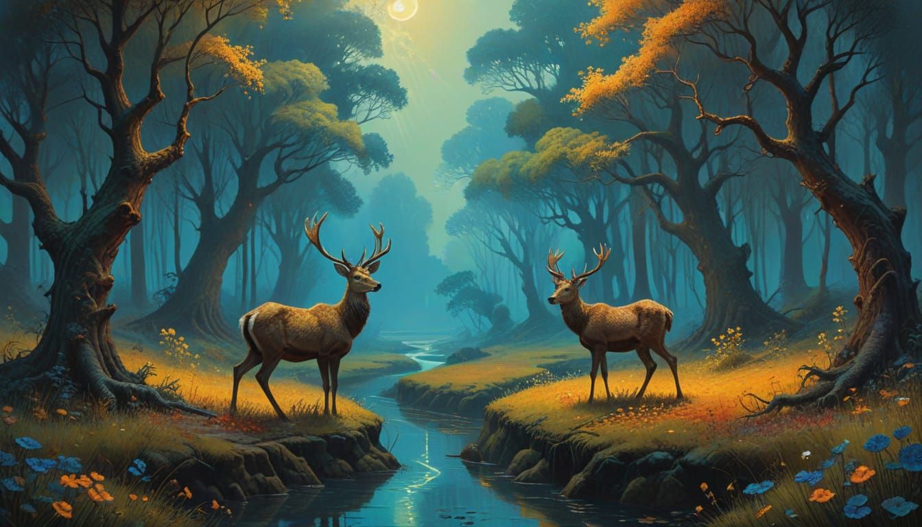 Majestic Forest Scene with Gentle Deer
