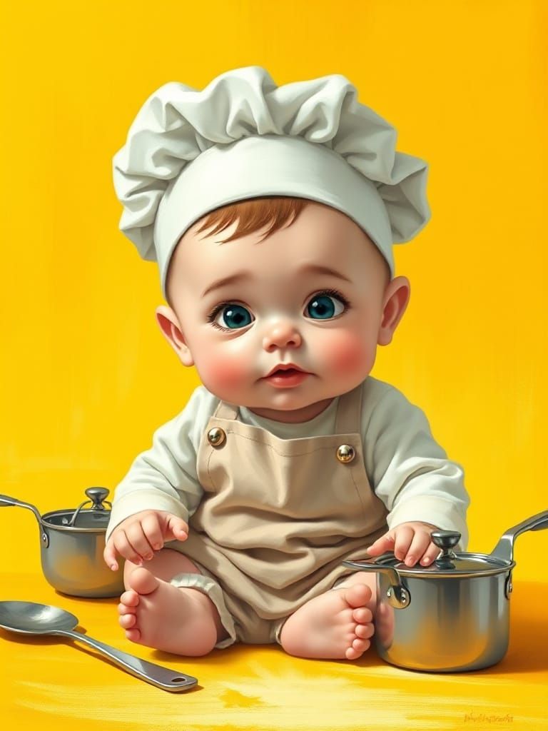 Realistic Baby Chef in a Whimsical Kitchen Setting