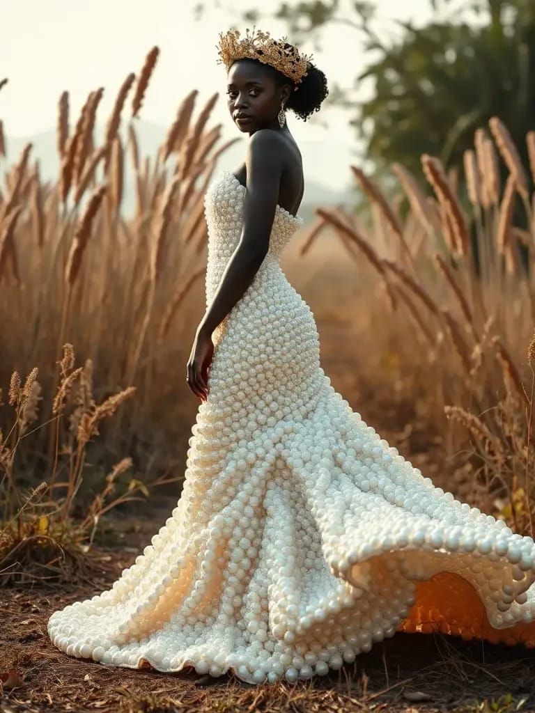 Elegant Woman in Pearl Gown, Glamorous Photo