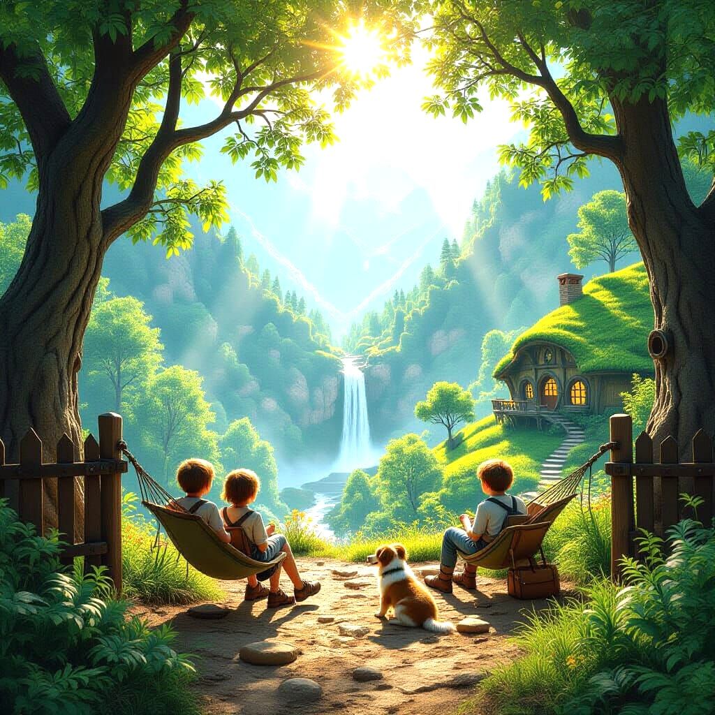 Magical Mountain Scene With Hobbit Homes and Waterfall