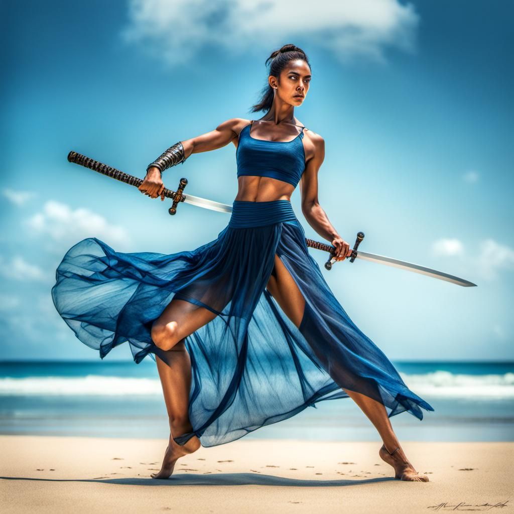 Hyperrealistic Ballerina Ninja on Tropical Beach