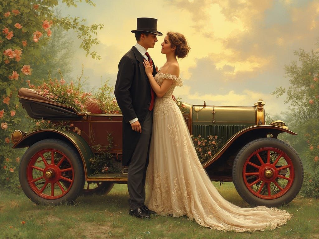 Edwardian Couple beside a Vintage Jewel Runabout in a Sunny ...