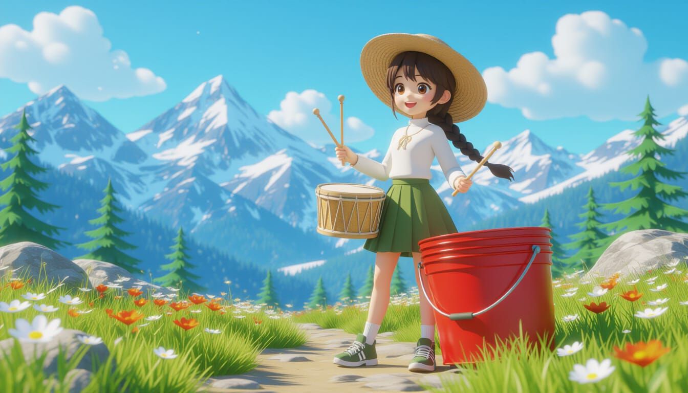 Cartoon Girl Drumming on Paint Bucket in Anime Style