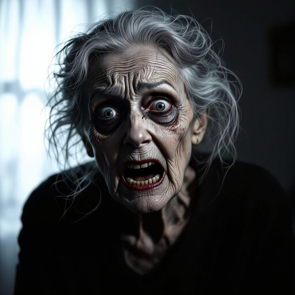 Terrifying Grimace of Elderly Woman in Horror Style