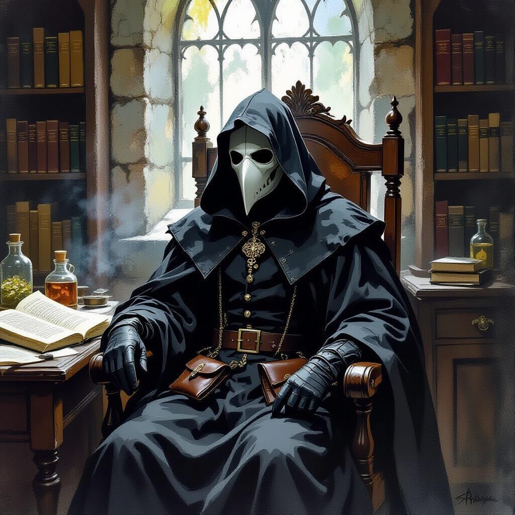 Gothic Plague Doctor's Study with Macabre Medical Artifacts