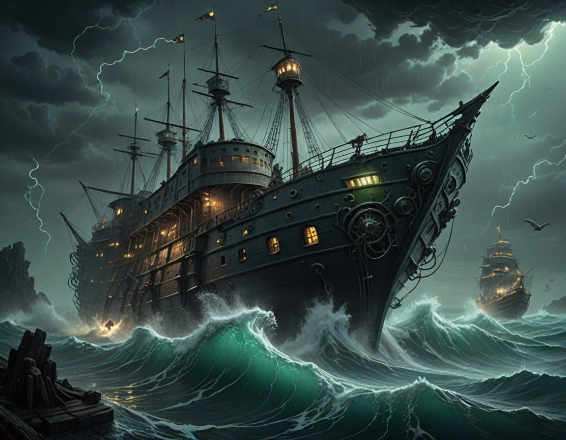 Sinister Mermaid Sinks Steampunk Ship in Stormy Sea