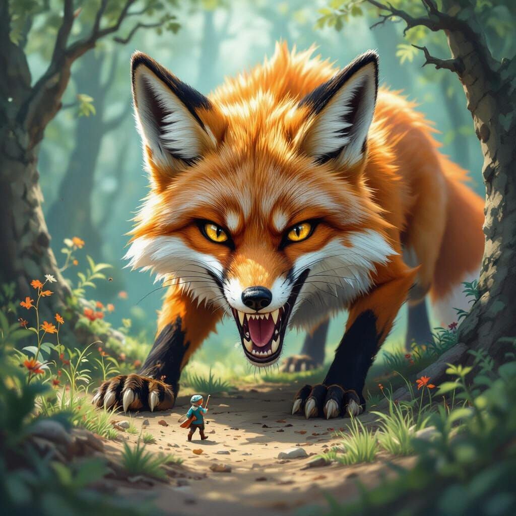 Fierce Fox About to Pounce in Fantastical Forest