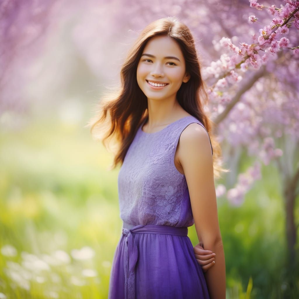 Impressionist Woman in Purple Dress Amidst Spring Blooms