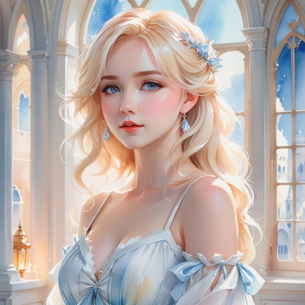 Anime Watercolor Portrait of Woman in Castle