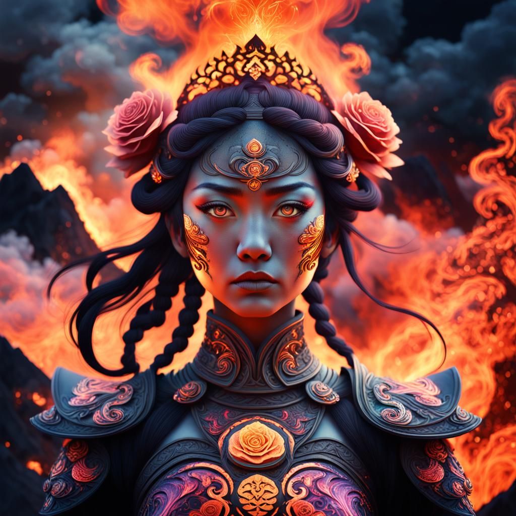 Fiery Japanese Warrior Princess Portrait in Art Nouveau Styl...