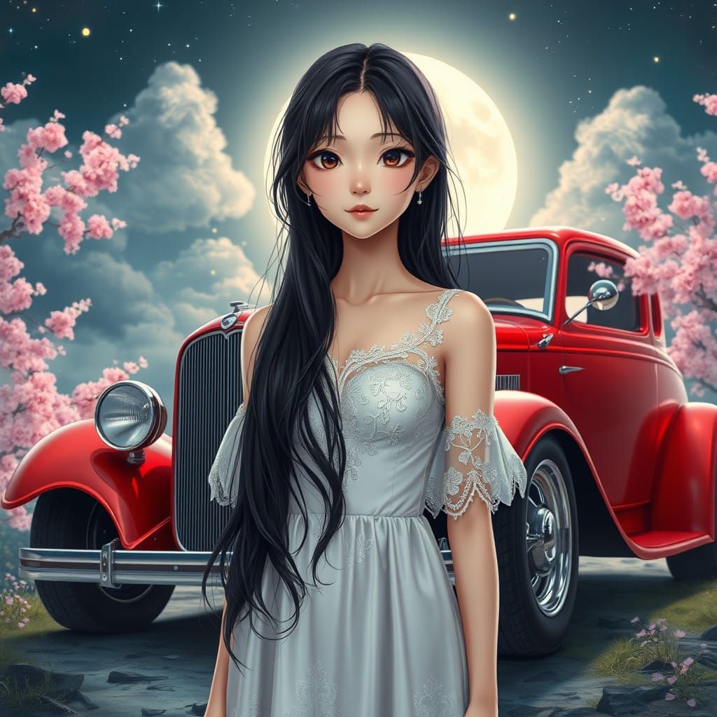 Glowing Cherry Blossoms in Anime Fantasy Night Scene