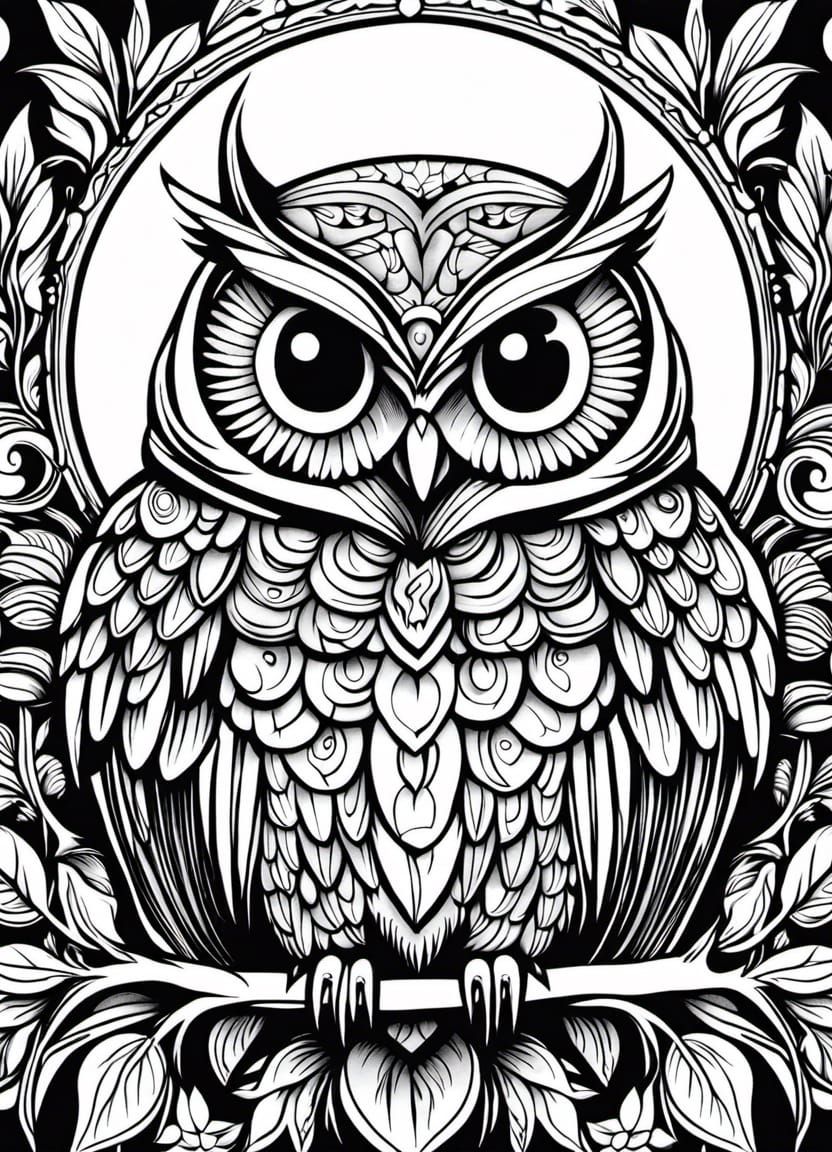 Black and White Fantasy Owl Coloring Page