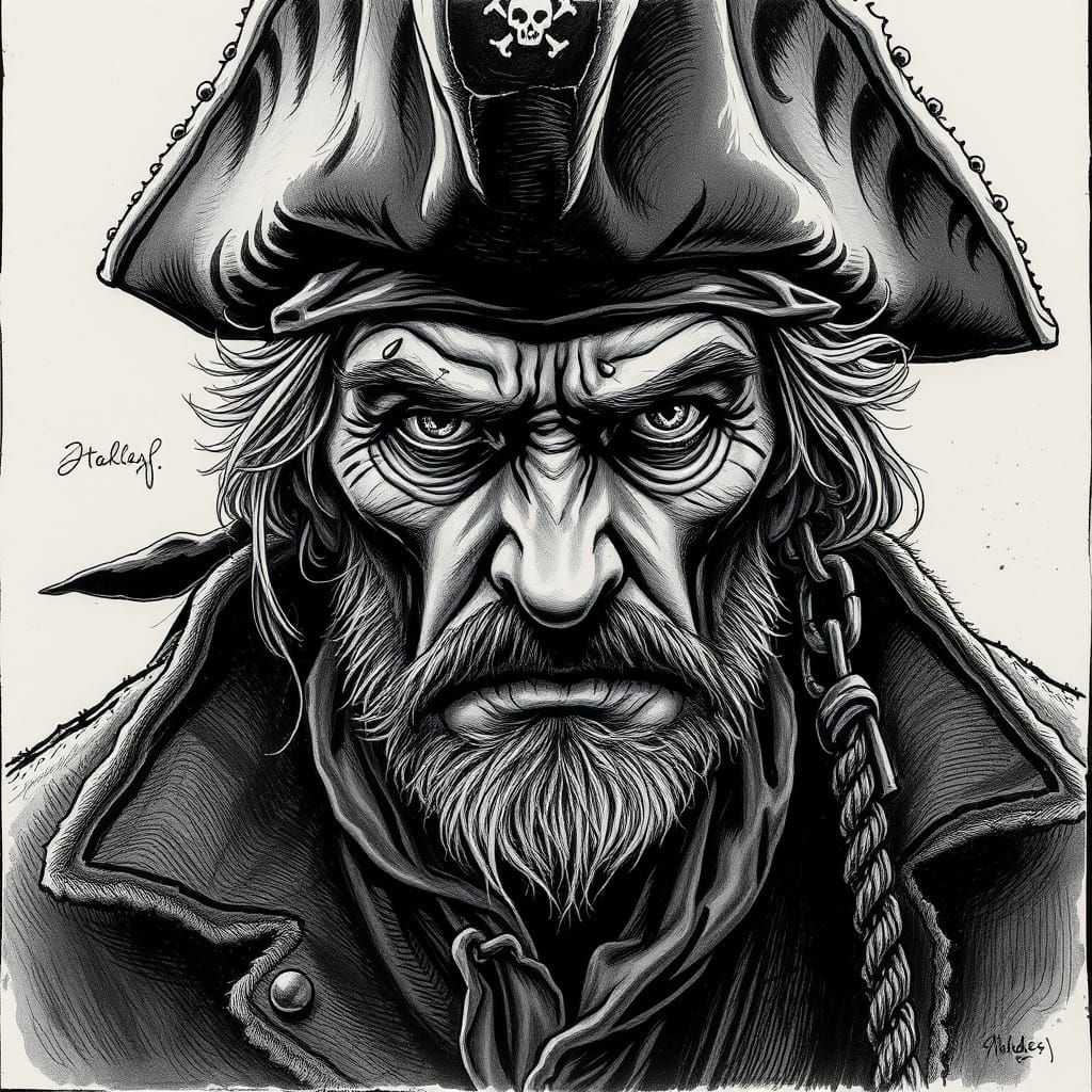 Weathered Pirate in Dramatic Lighting, Ink Drawing Style