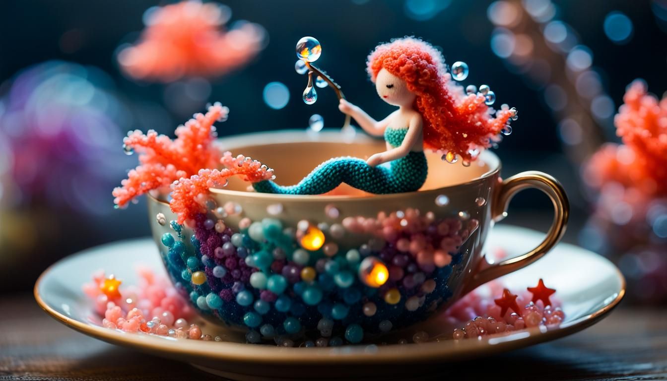 Knitted Mermaid in Teacup with Bioluminescent Coral