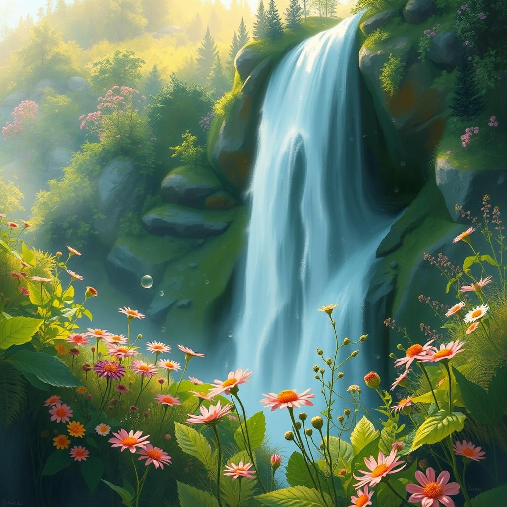 Lush Waterfall Scene with Vibrant Greenery
