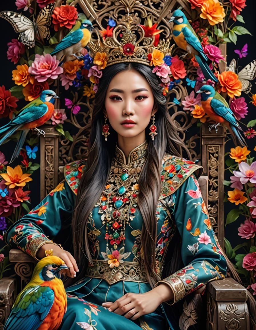 Oriental Woman on Throne with Birds and Flowers