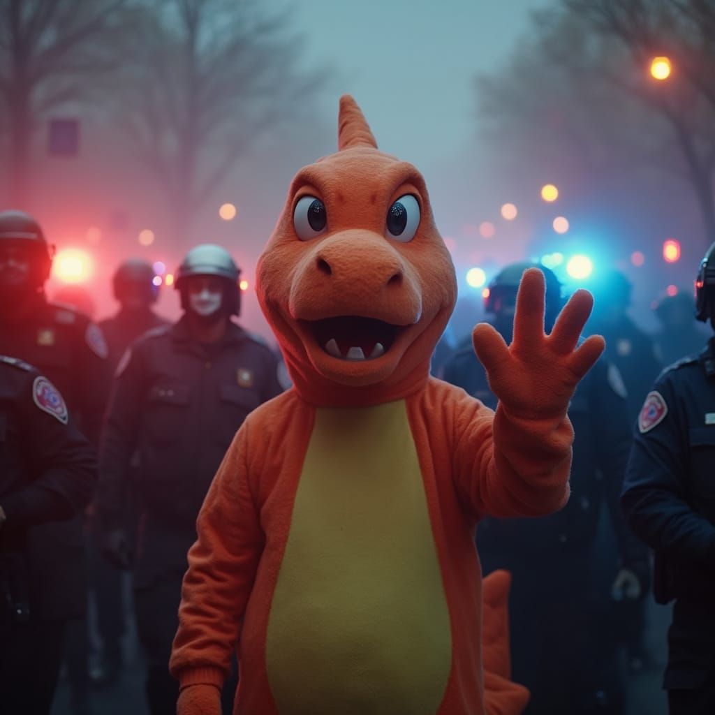 Protester in Charizard Costume Makes Peace Sign Amidst Polic...