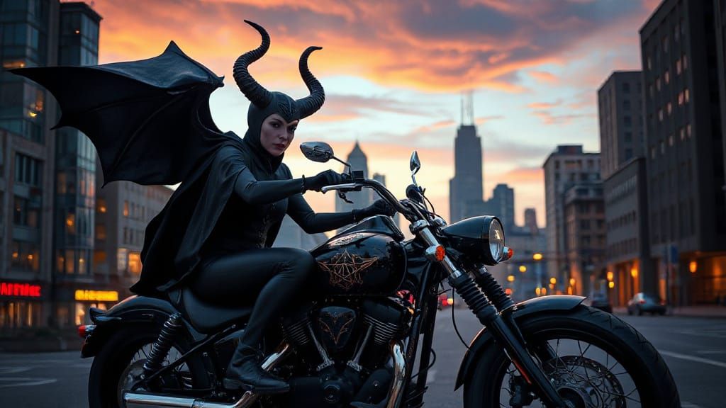 Maleficent Rides a Dark Motorbike Through a Cyberpunk Citysc...