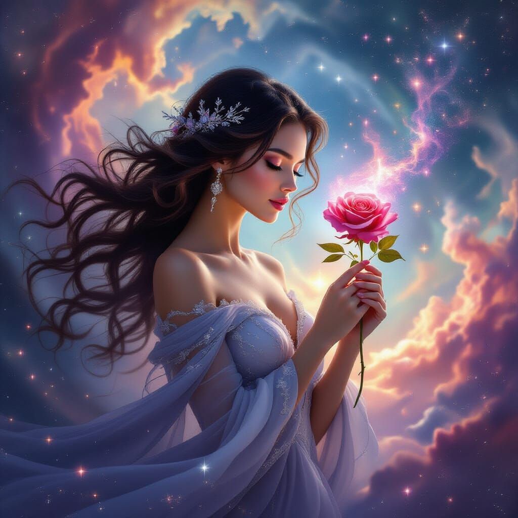 Celestial Woman in Nebula with Light-Absorbing Rose