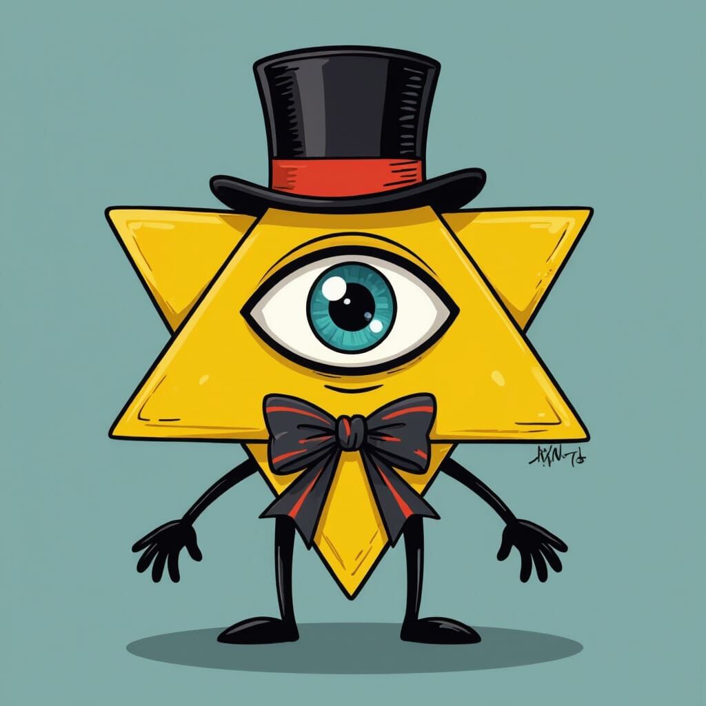 Whimsical Yellow Triangle Character with Top Hat and Bow