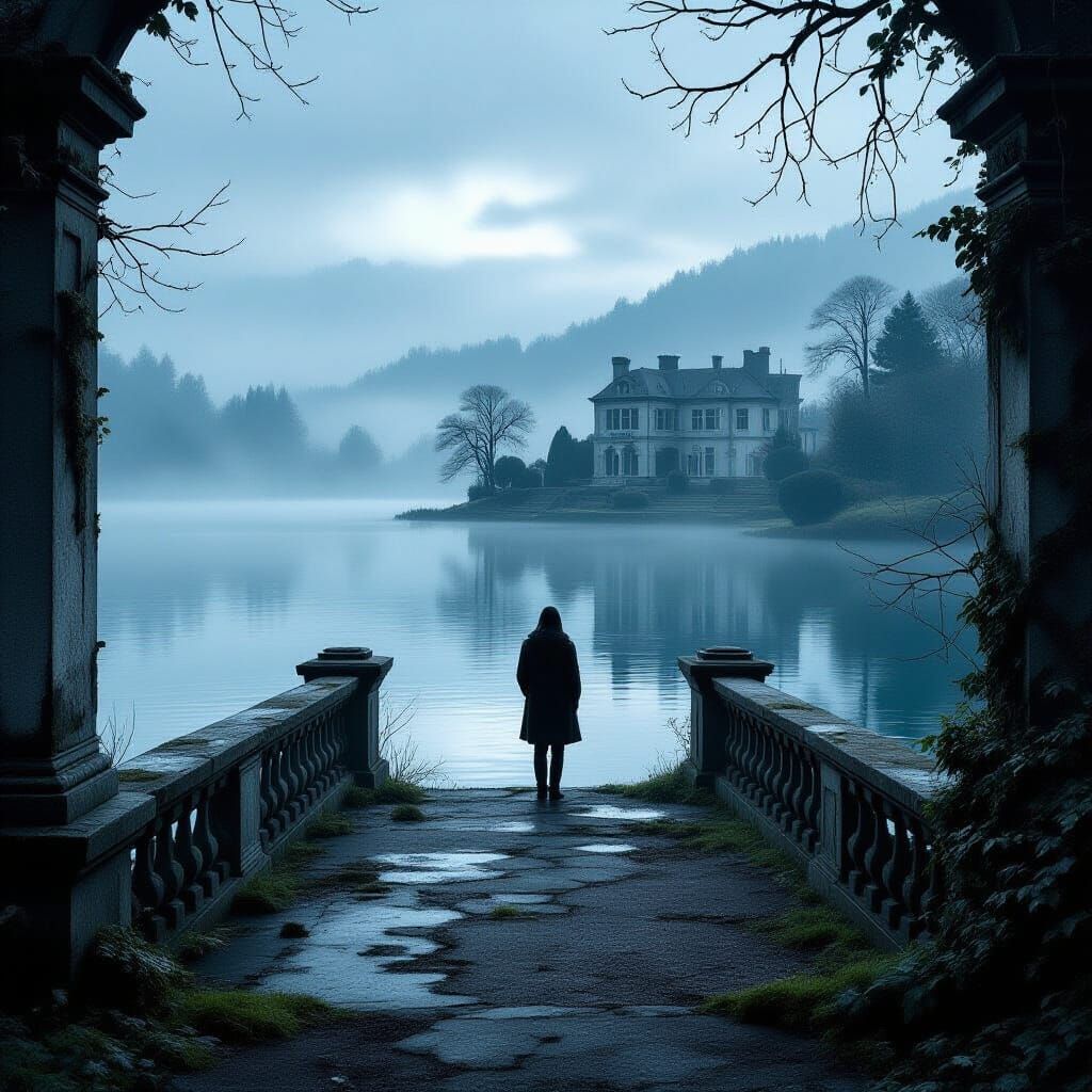 Melancholic Dawn Over Misty Lake from Overgrown Bridge