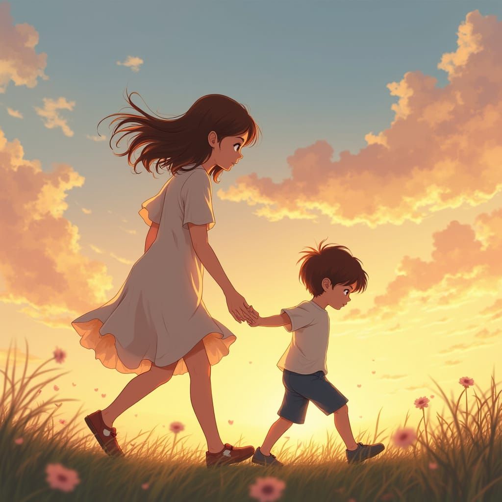 Mother and Son Walking in Harmony: Anime Style