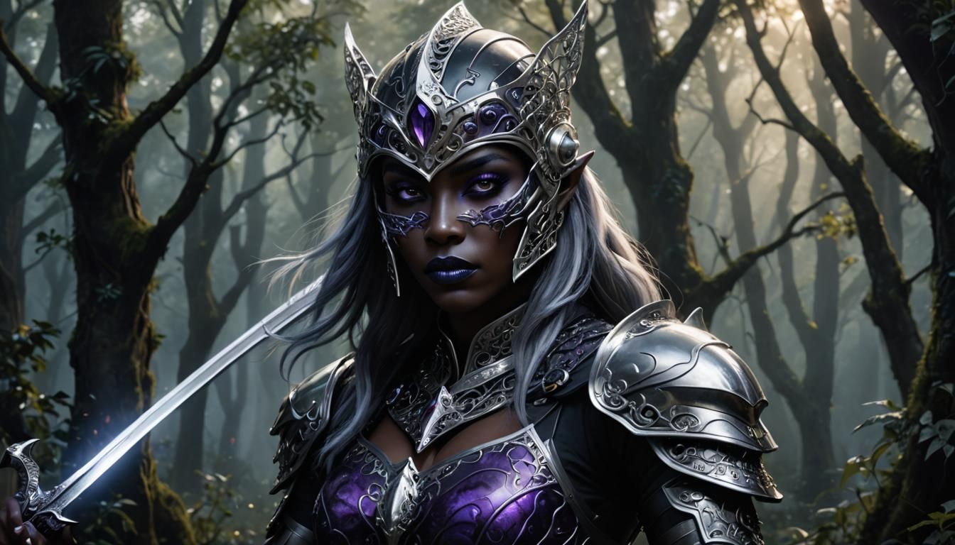 Drow Warrior in Silver Armor in Digital Art Style