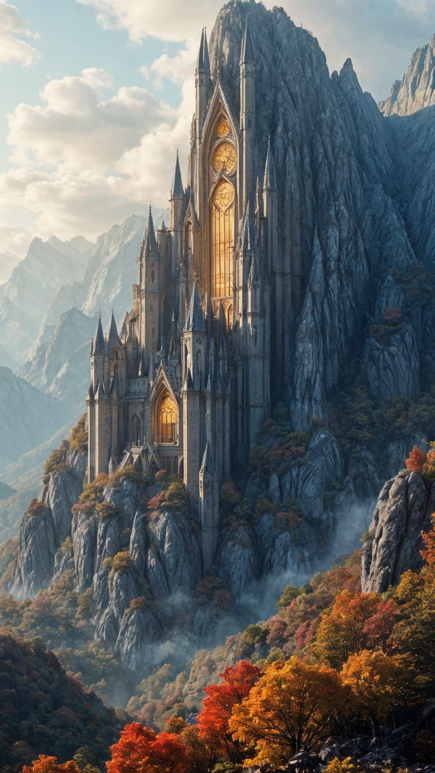 Gothic Architecture Carved into Mountain, Autumn Palette