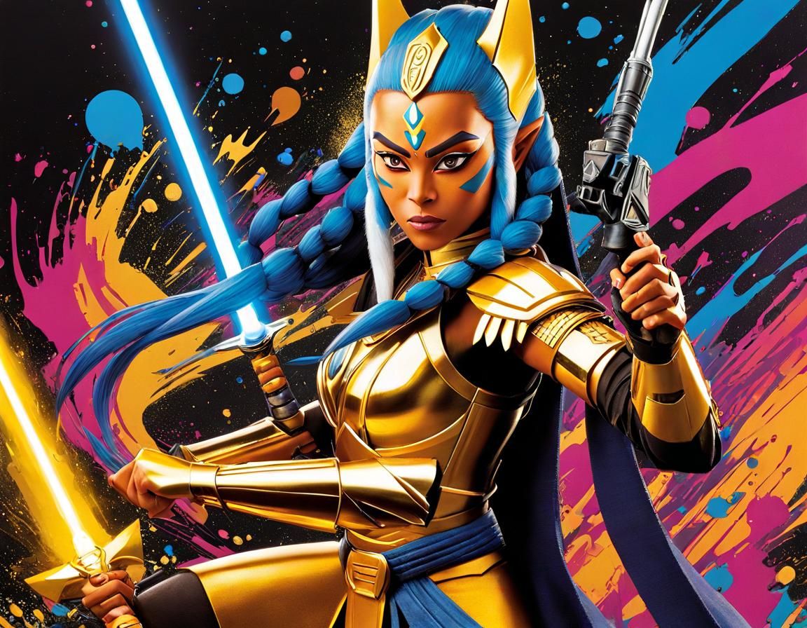 Golden Ahsoka Tano in Epic Battle, Digital Art
