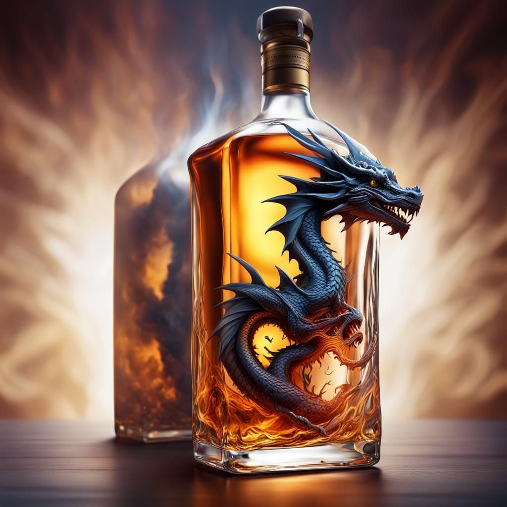 Majestic Dragon Inside Whisky Bottle: Hyperrealistic Art