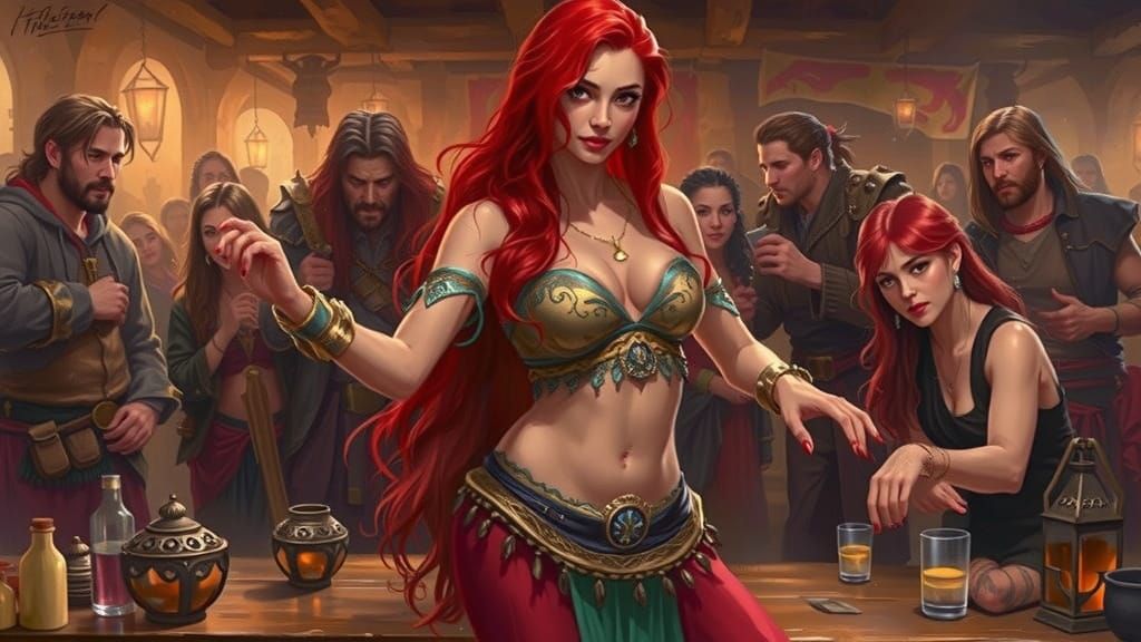 Mystical Dancer in Tavern, Vaesen Art Style Oil Painting