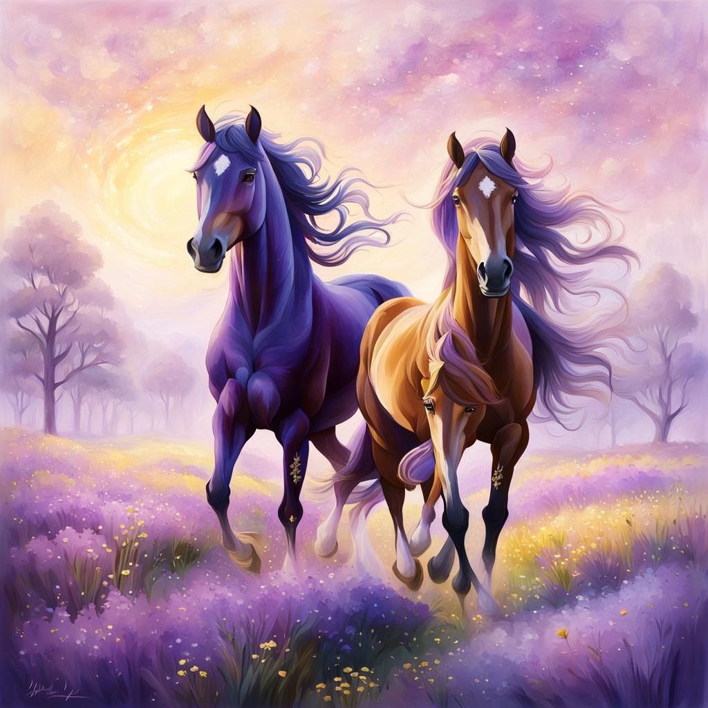 Enchanting Horses Prancing in Lavender Meadow as Oil Paintin...
