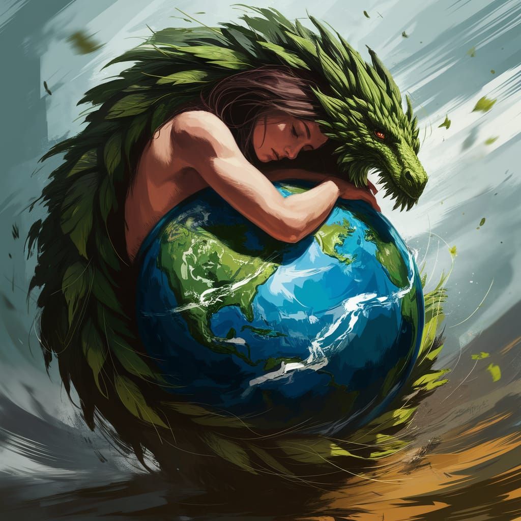 Woman and Dragon Embrace Earth in Digital Painting