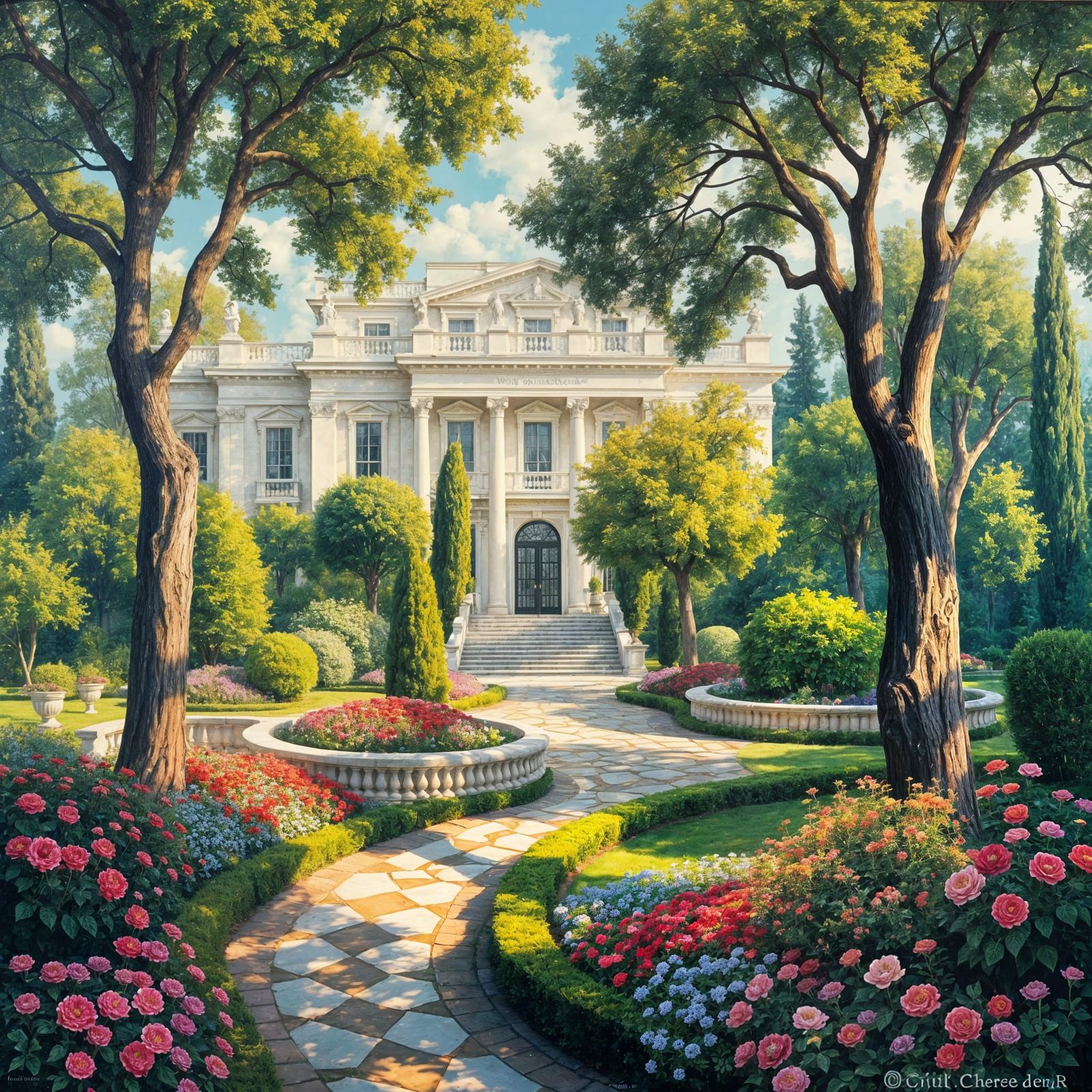 Mansion Painting with Classical Architecture and Gardens