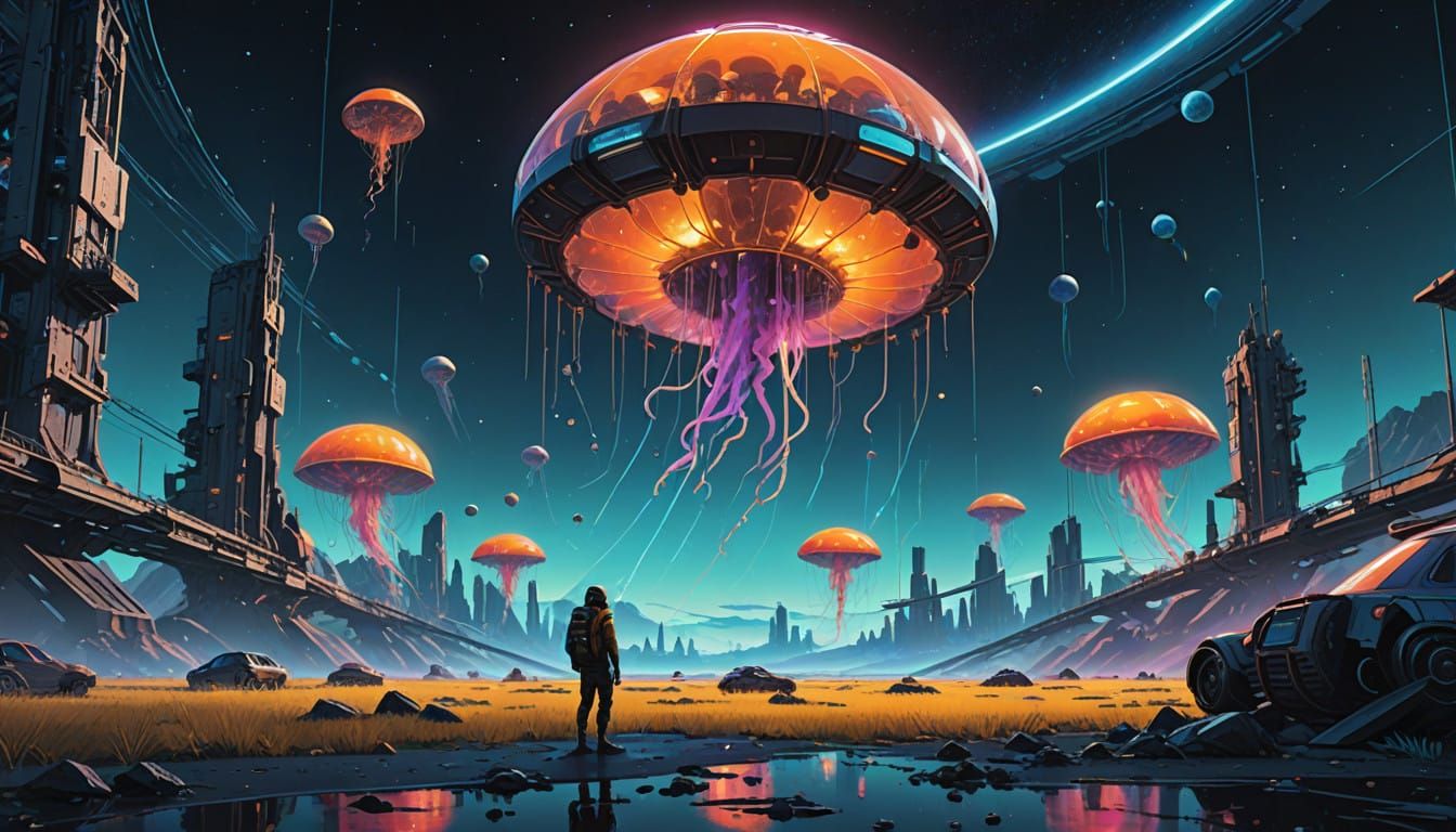 Rainbow Cosmos with Majestic Alien Jellyfish and Glowing Neb...