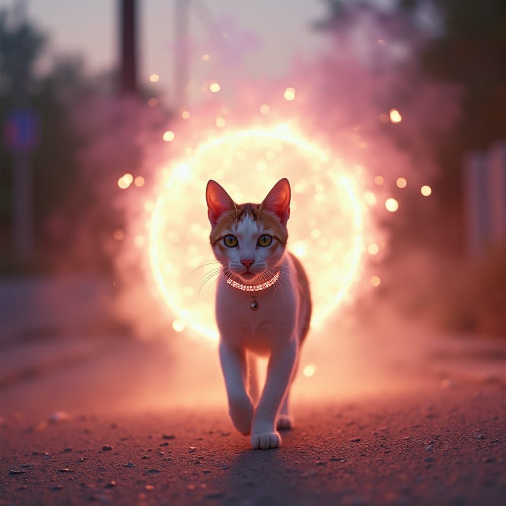 Surreal Cat Walks Through Glowing Portal in Vibrant Cinemati...