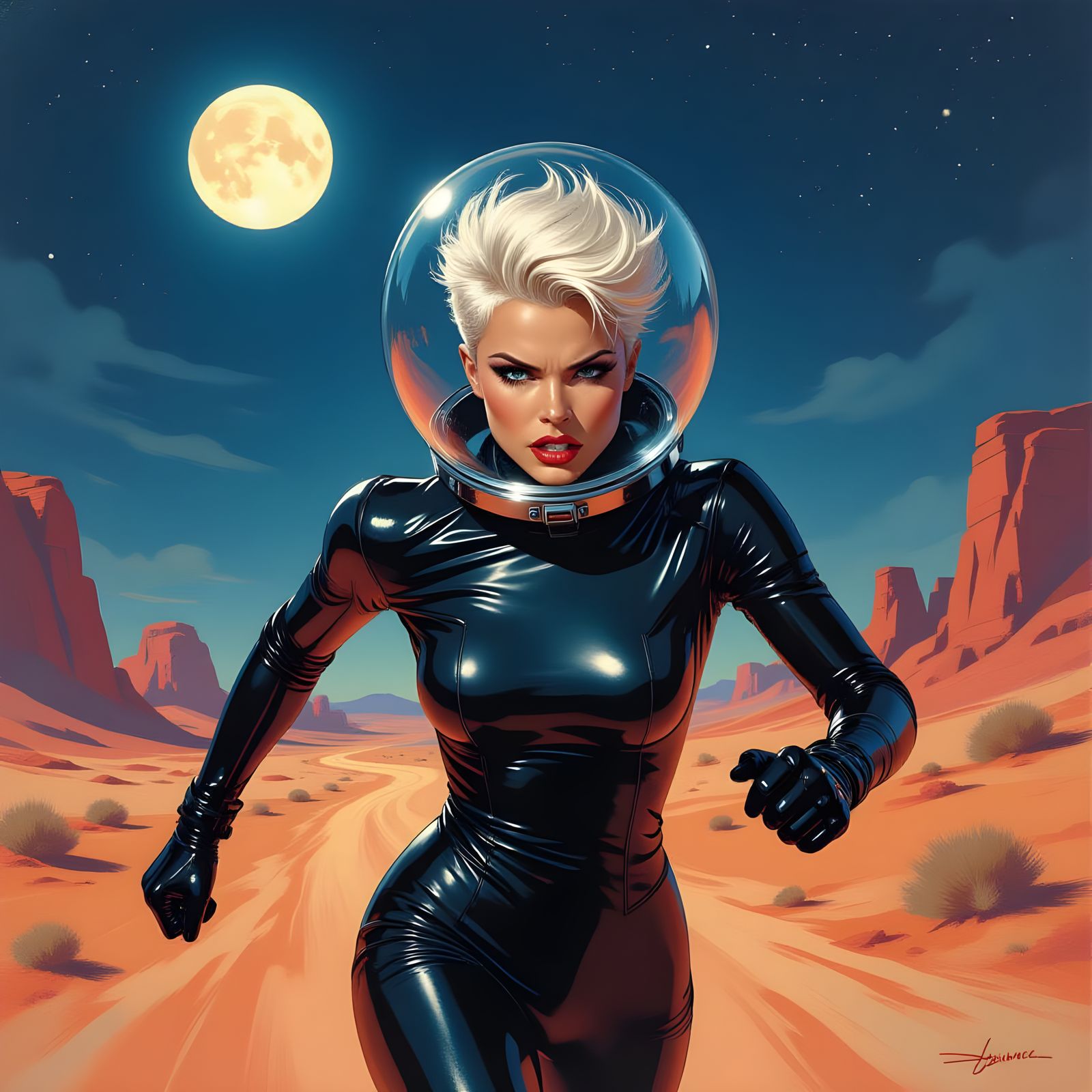 Retro Sci-Fi Woman Running on Alien Planet