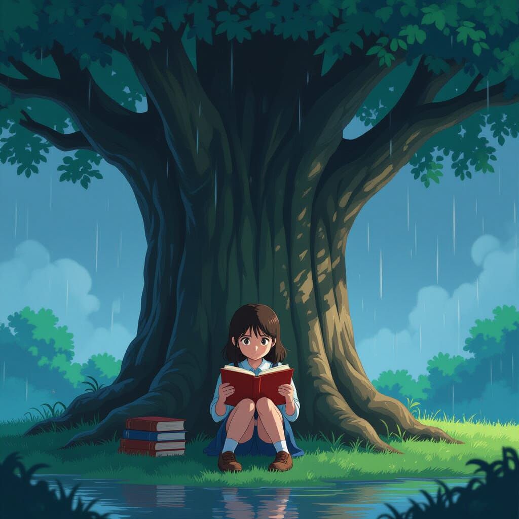 Girl Reads in Rain Under Tree, Anime Style