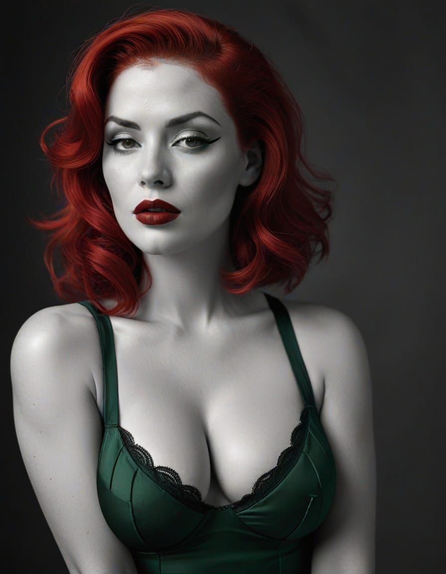 Sensuous Woman in Dark Green and Red