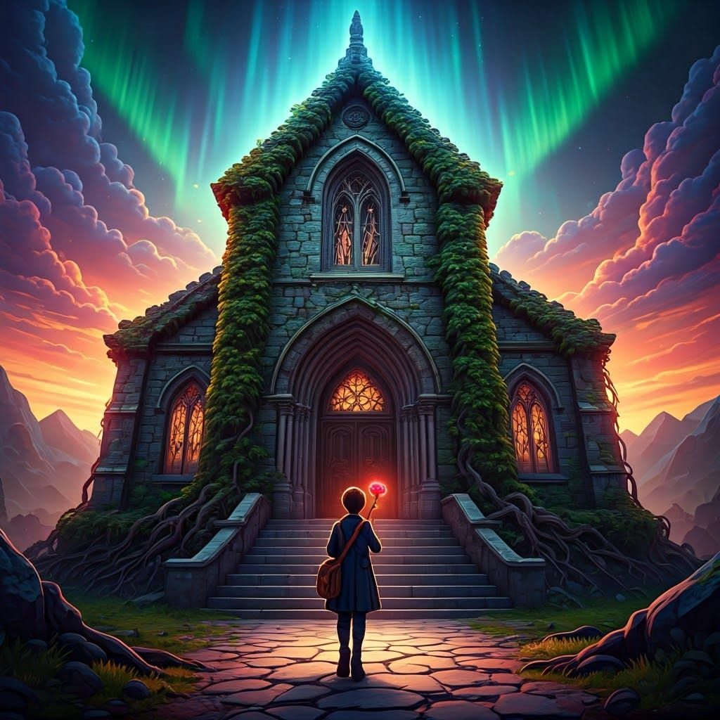 Scholar With Rose at Mystical Schoolhouse, Matte Painting